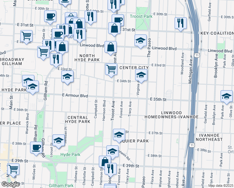 map of restaurants, bars, coffee shops, grocery stores, and more near 1205 East Armour Boulevard in Kansas City