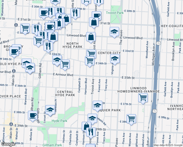 map of restaurants, bars, coffee shops, grocery stores, and more near 3500 Troost Avenue in Kansas City