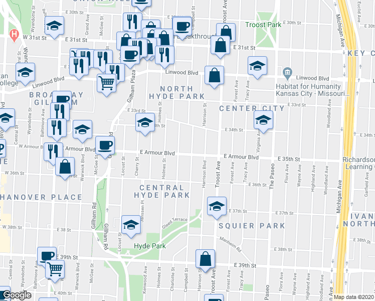 map of restaurants, bars, coffee shops, grocery stores, and more near 801 East Armour Boulevard in Kansas City