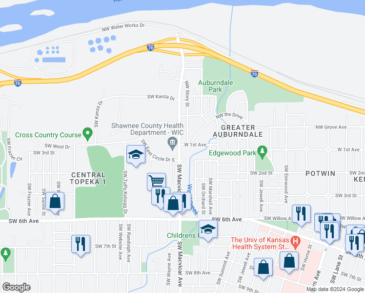 map of restaurants, bars, coffee shops, grocery stores, and more near 200 Southwest Macvicar Avenue in Topeka
