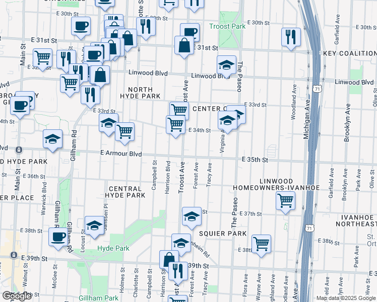 map of restaurants, bars, coffee shops, grocery stores, and more near 1205 East Armour Boulevard in Kansas City