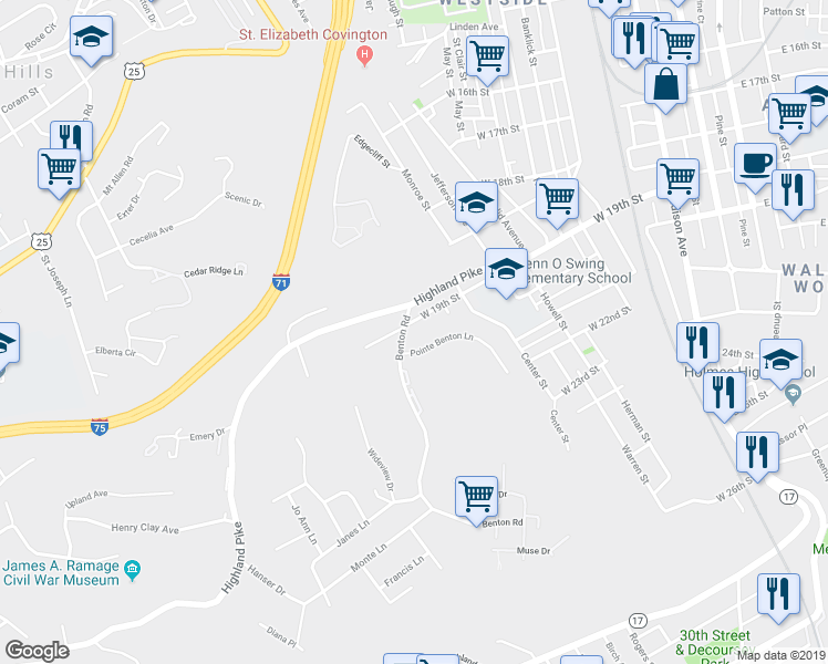 map of restaurants, bars, coffee shops, grocery stores, and more near 641 West 19th Street in Covington