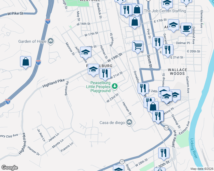 map of restaurants, bars, coffee shops, grocery stores, and more near 2209 Howell Street in Covington