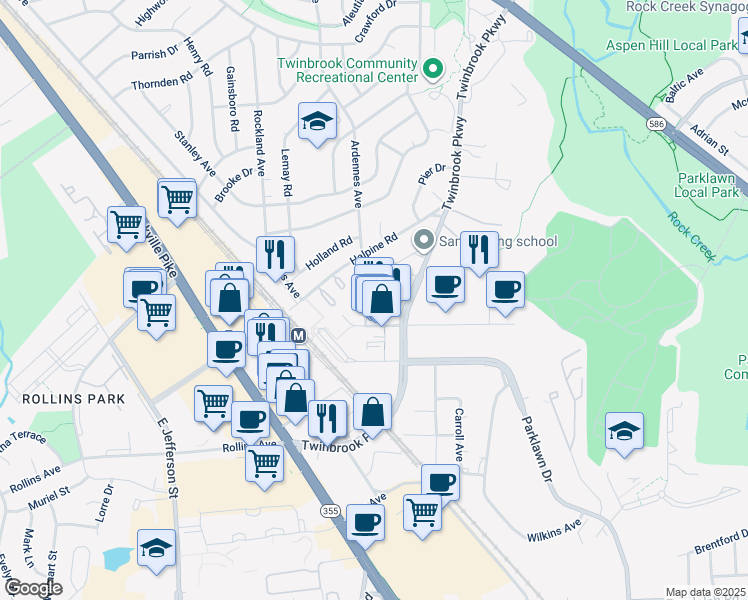 map of restaurants, bars, coffee shops, grocery stores, and more near 1101 Higgins Place in Rockville