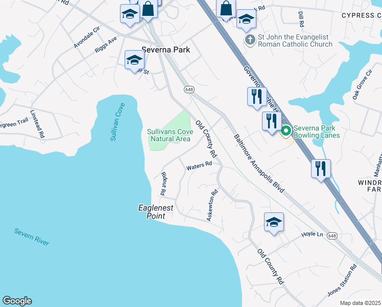 map of restaurants, bars, coffee shops, grocery stores, and more near 111 Round Bay Road in Severna Park