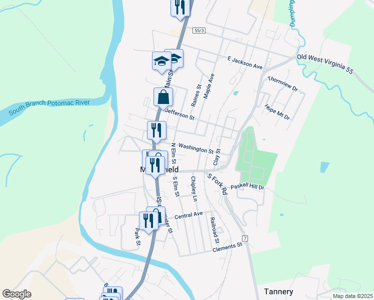 map of restaurants, bars, coffee shops, grocery stores, and more near 209 Washington Street in Moorefield