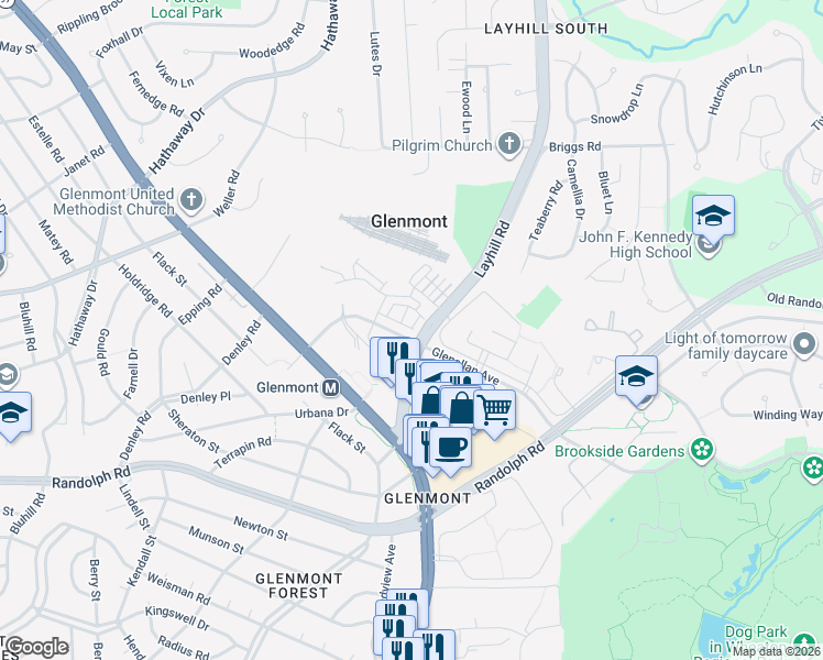 map of restaurants, bars, coffee shops, grocery stores, and more near 2335 Glenallan Avenue in Silver Spring