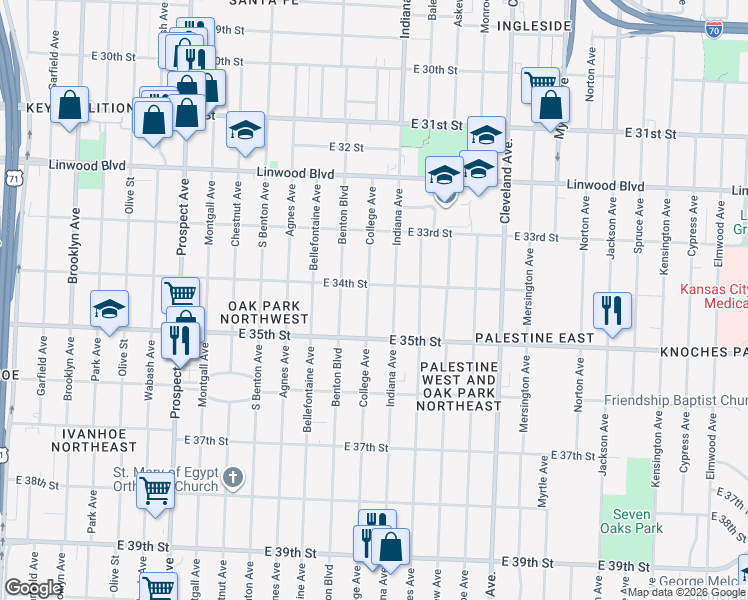 map of restaurants, bars, coffee shops, grocery stores, and more near 3435 College Avenue in Kansas City