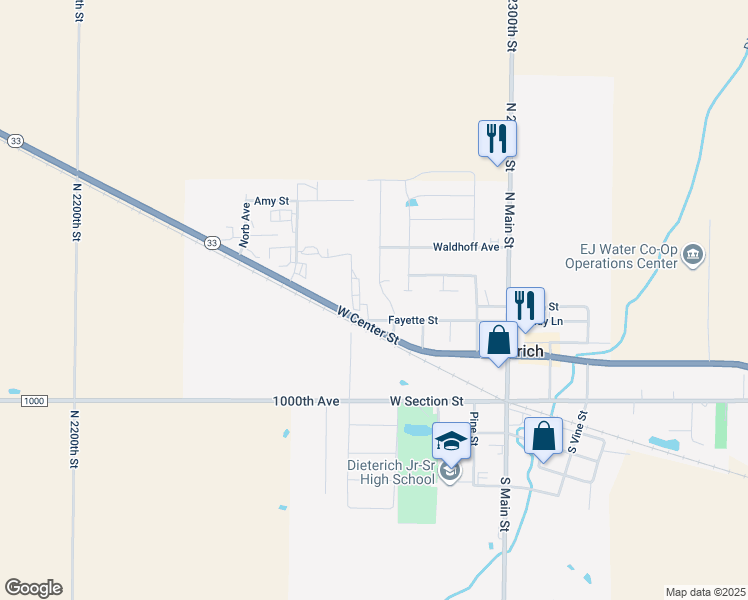 map of restaurants, bars, coffee shops, grocery stores, and more near 350-398 Fayette Street in Dieterich