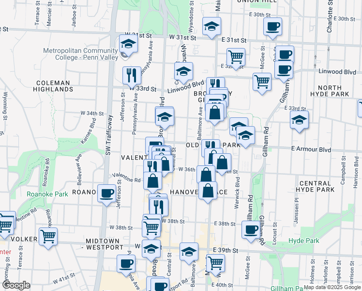 map of restaurants, bars, coffee shops, grocery stores, and more near 211 West Armour Boulevard in Kansas City