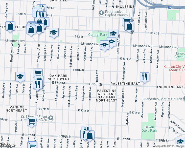 map of restaurants, bars, coffee shops, grocery stores, and more near 3433 Indiana Avenue in Kansas City