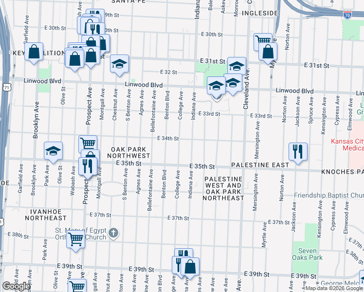 map of restaurants, bars, coffee shops, grocery stores, and more near 3435 College Avenue in Kansas City