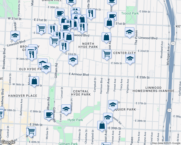 map of restaurants, bars, coffee shops, grocery stores, and more near 801 East Armour Boulevard in Kansas City