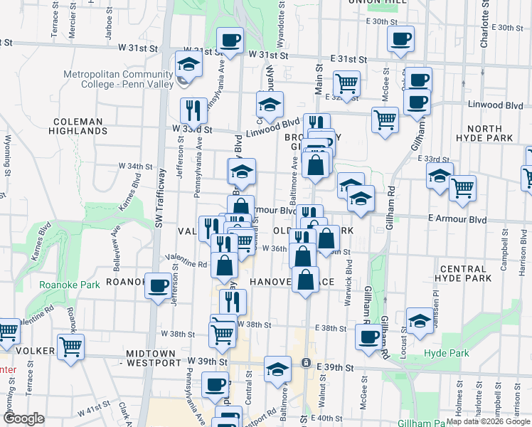 map of restaurants, bars, coffee shops, grocery stores, and more near 3525 Central Street in Kansas City