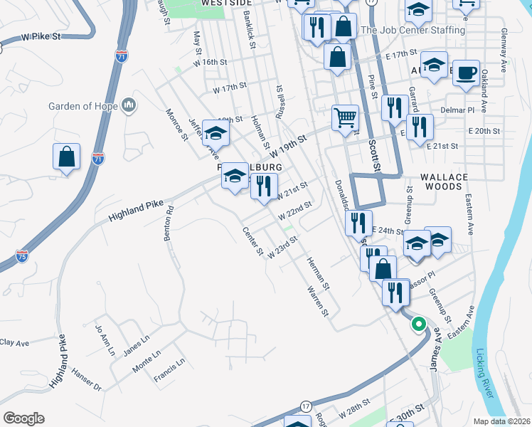 map of restaurants, bars, coffee shops, grocery stores, and more near 318 West 21st Street in Covington