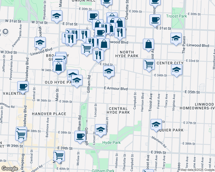 map of restaurants, bars, coffee shops, grocery stores, and more near 608 East Armour Boulevard in Kansas City