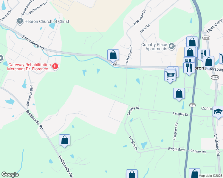 map of restaurants, bars, coffee shops, grocery stores, and more near 2281 Petersburg Road in Hebron