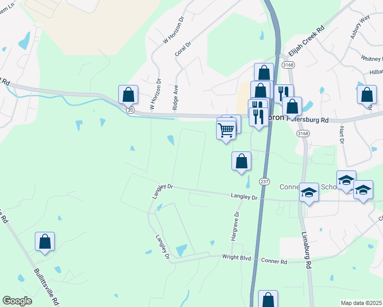 map of restaurants, bars, coffee shops, grocery stores, and more near 3500 Langley Drive in Hebron