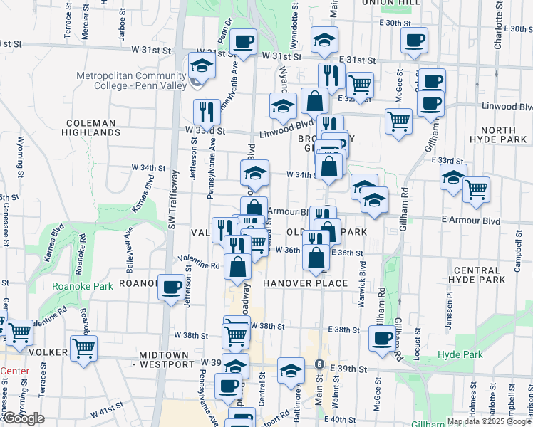 map of restaurants, bars, coffee shops, grocery stores, and more near 3435 Broadway Boulevard in Kansas City