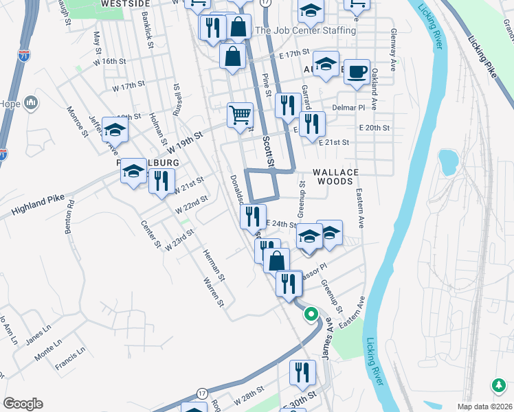 map of restaurants, bars, coffee shops, grocery stores, and more near 2300 Madison Avenue in Covington