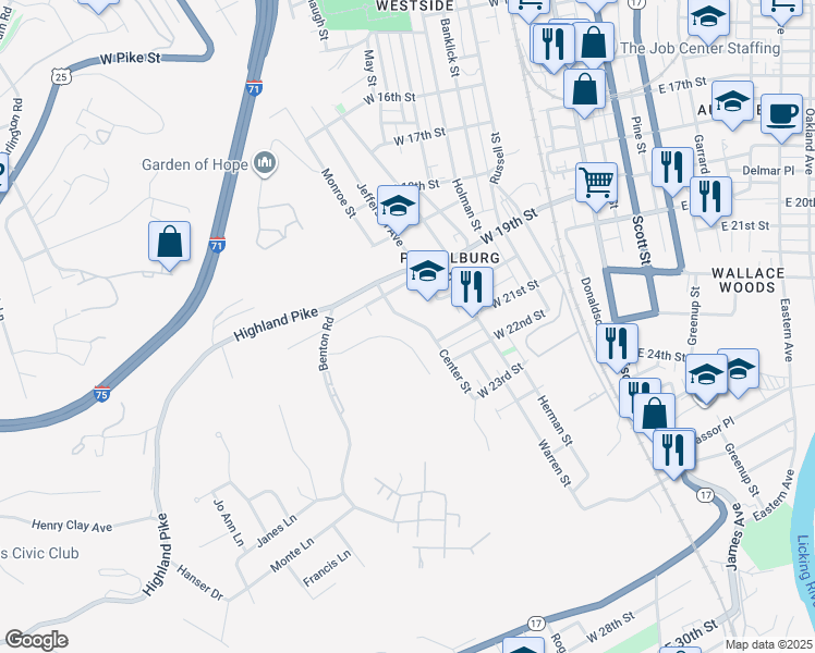 map of restaurants, bars, coffee shops, grocery stores, and more near 501 West 19th Street in Covington