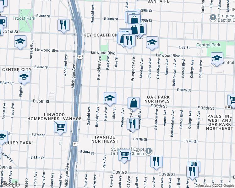 map of restaurants, bars, coffee shops, grocery stores, and more near 3400 Olive Street in Kansas City
