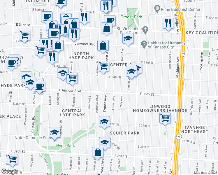 map of restaurants, bars, coffee shops, grocery stores, and more near 3413 Forest Avenue in Kansas City