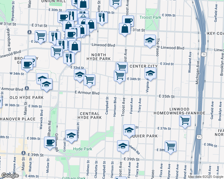 map of restaurants, bars, coffee shops, grocery stores, and more near 3424 Harrison Street in Kansas City