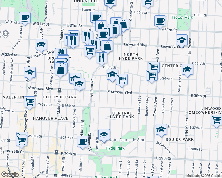 map of restaurants, bars, coffee shops, grocery stores, and more near 3421 Cherry Street in Kansas City