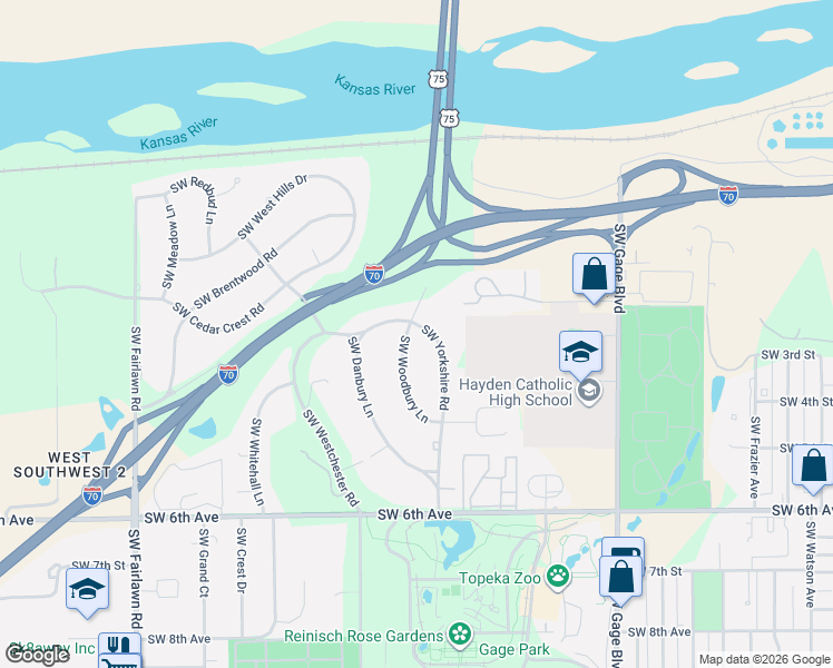 map of restaurants, bars, coffee shops, grocery stores, and more near 216 Southwest Yorkshire Road in Topeka