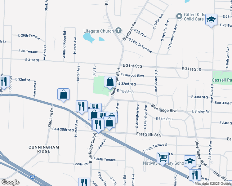 map of restaurants, bars, coffee shops, grocery stores, and more near 3305 Blue Ridge Boulevard in Independence
