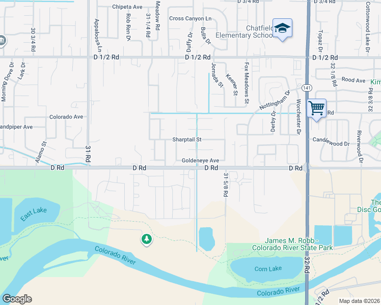 map of restaurants, bars, coffee shops, grocery stores, and more near 3147 West Merganser Lane in Grand Junction