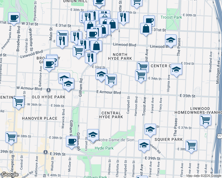 map of restaurants, bars, coffee shops, grocery stores, and more near 640 East Armour Boulevard in Kansas City
