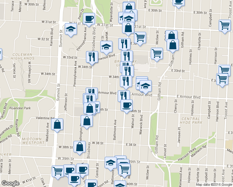 map of restaurants, bars, coffee shops, grocery stores, and more near Baltimore Ave & W Armour Blvd in Kansas City