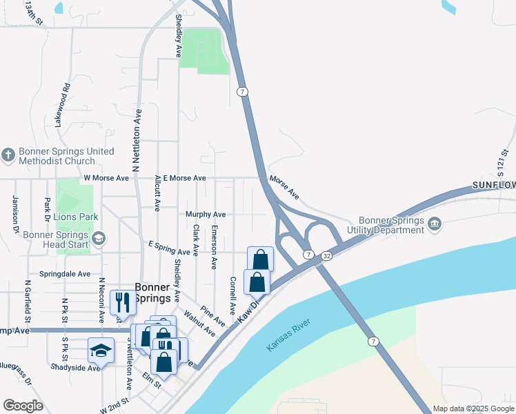 map of restaurants, bars, coffee shops, grocery stores, and more near 321 Warner Avenue in Bonner Springs