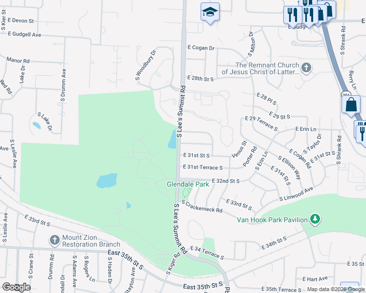 map of restaurants, bars, coffee shops, grocery stores, and more near 16001 East 30 Terrace South in Independence