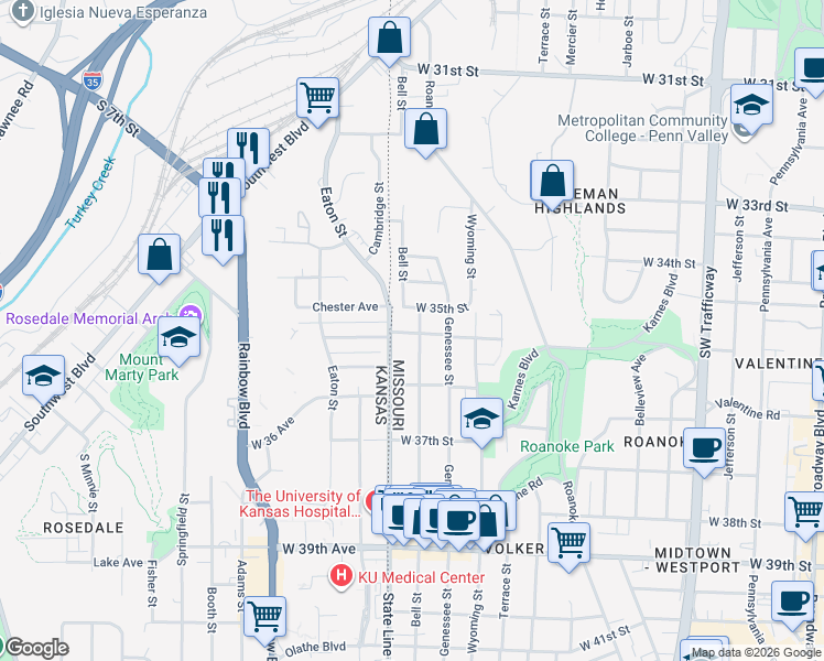 map of restaurants, bars, coffee shops, grocery stores, and more near 3518 Bell Street in Kansas City