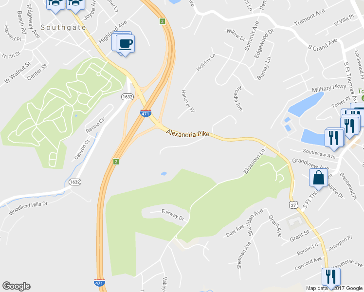 map of restaurants, bars, coffee shops, grocery stores, and more near Beverly Hills Drive in Southgate