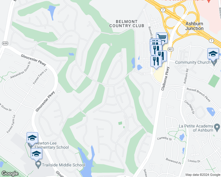 map of restaurants, bars, coffee shops, grocery stores, and more near 19958 Presidents Cup Terrace in Ashburn