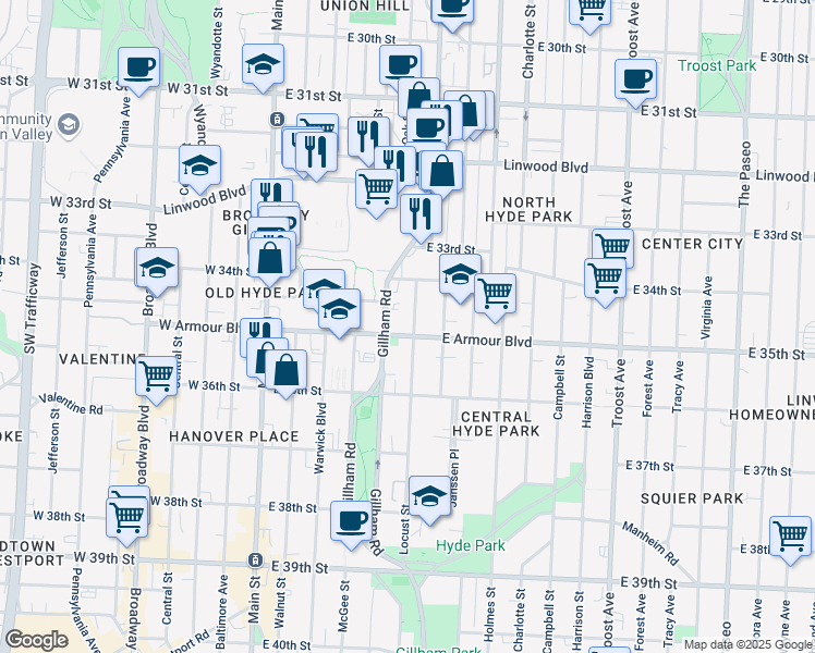map of restaurants, bars, coffee shops, grocery stores, and more near 3419 Locust Street in Kansas City