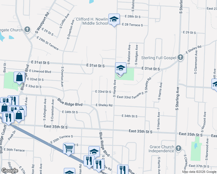 map of restaurants, bars, coffee shops, grocery stores, and more near 3200 South Hardy Avenue in Independence