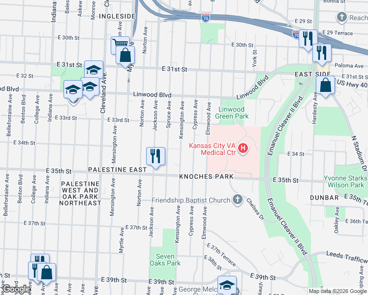 map of restaurants, bars, coffee shops, grocery stores, and more near 3330 Cypress Avenue in Kansas City