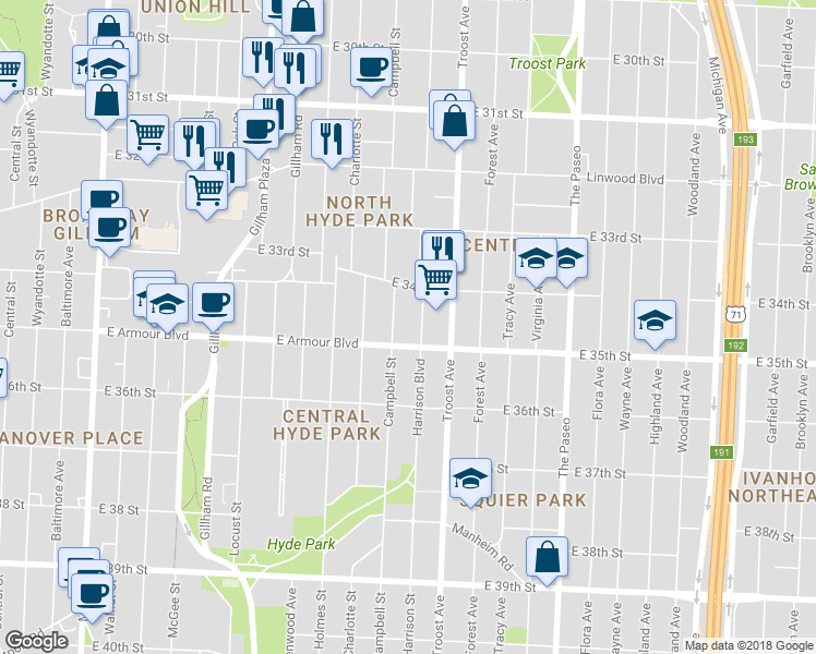 map of restaurants, bars, coffee shops, grocery stores, and more near 3424 Harrison Street in Kansas City