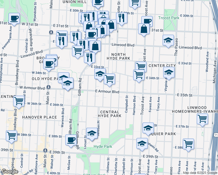 map of restaurants, bars, coffee shops, grocery stores, and more near 3422 Holmes Street in Kansas City