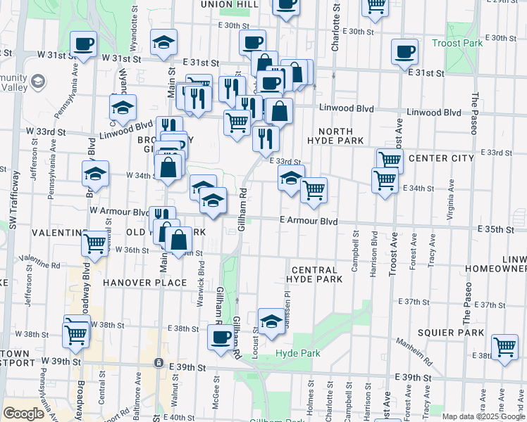 map of restaurants, bars, coffee shops, grocery stores, and more near 3419 Locust Street in Kansas City