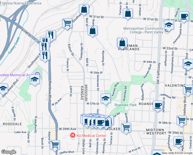 map of restaurants, bars, coffee shops, grocery stores, and more near 3500 Genessee Street in Kansas City