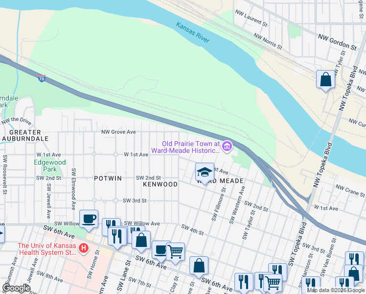 map of restaurants, bars, coffee shops, grocery stores, and more near 139 NW Louise St in Topeka