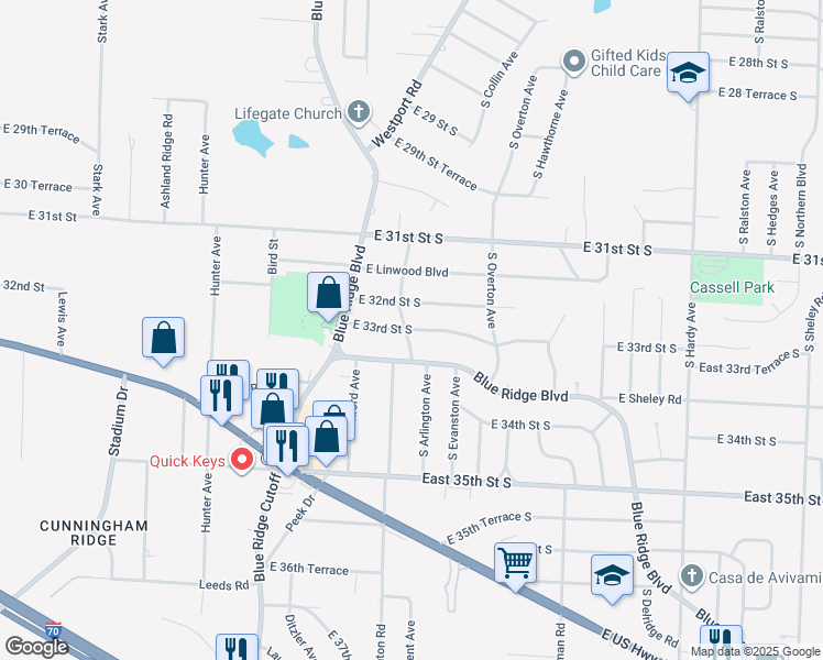 map of restaurants, bars, coffee shops, grocery stores, and more near 9603 East 32nd Street South in Independence