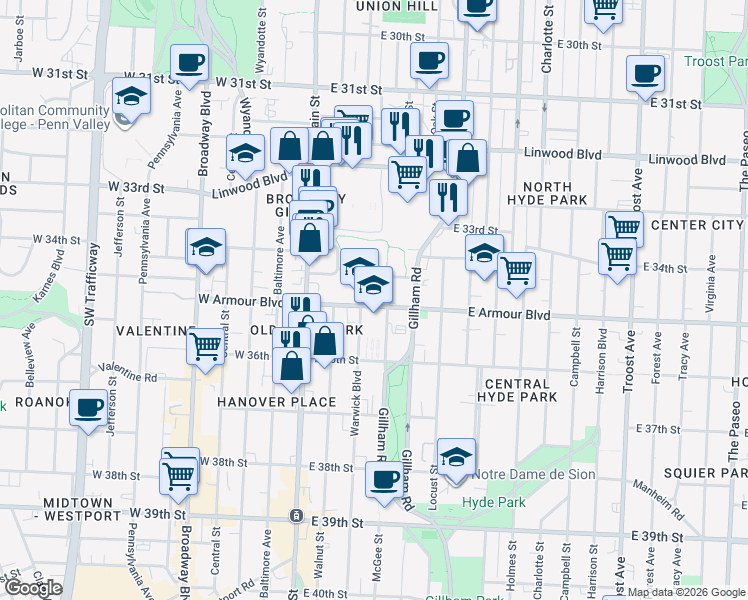 map of restaurants, bars, coffee shops, grocery stores, and more near 214 East Armour Boulevard in Kansas City