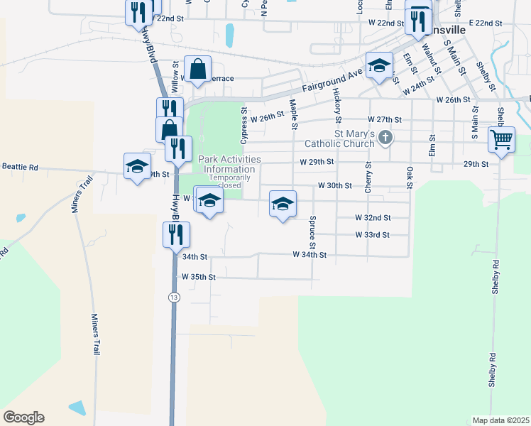 map of restaurants, bars, coffee shops, grocery stores, and more near 705 West 31st Street in Higginsville